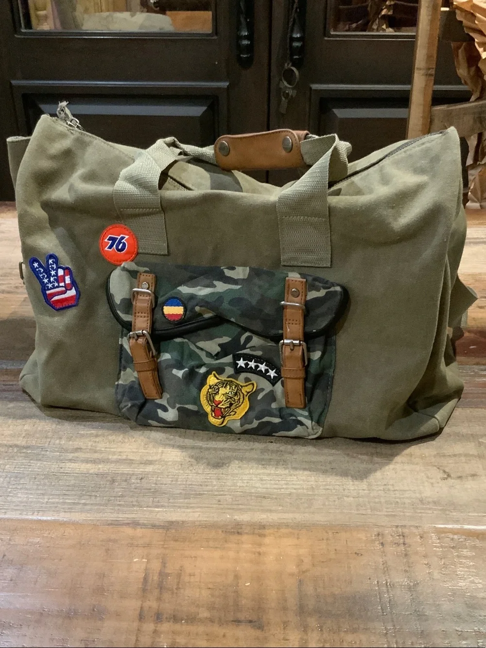 Steve Madden Olive Green Canvas Duffel with Camo Front Pocket
